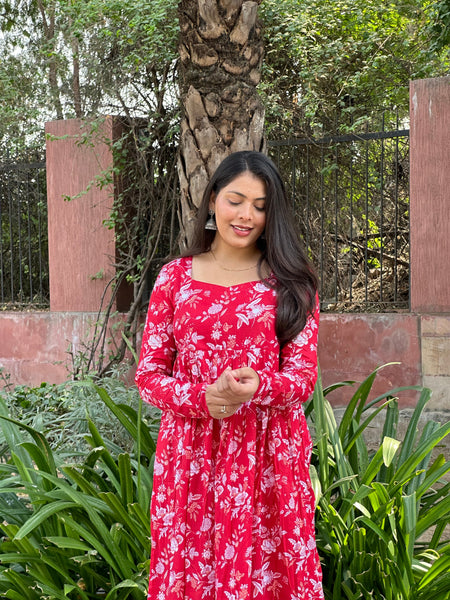Red White floral Anarkali kameez - Jonaya