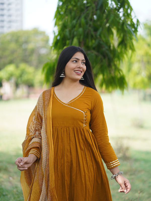 Mustard Solid Angrakha Potli Flare Suit Set - Jonaya