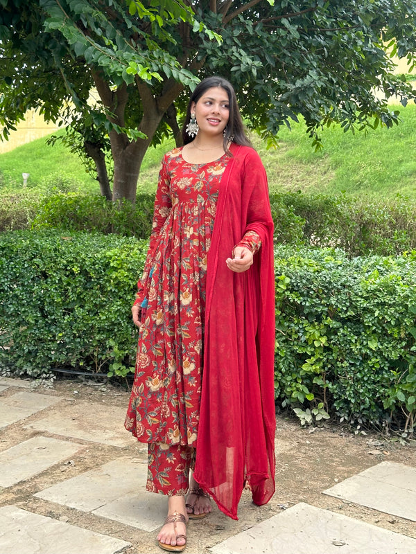Pretty Red Floral Flare Suit Set - Jonaya