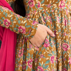Pink mustard printed flare suit set Jonaya