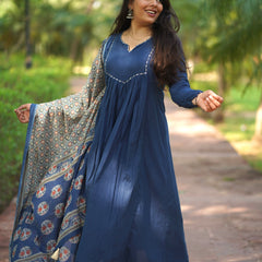 Blue Ajrakh print flair suit set Jonaya