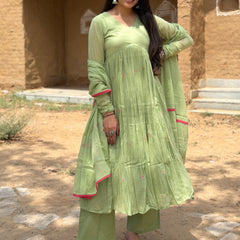 Sage Green Pink Embroidery Anarkali