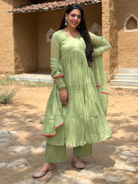 Sage Green Pink Embroidery Anarkali