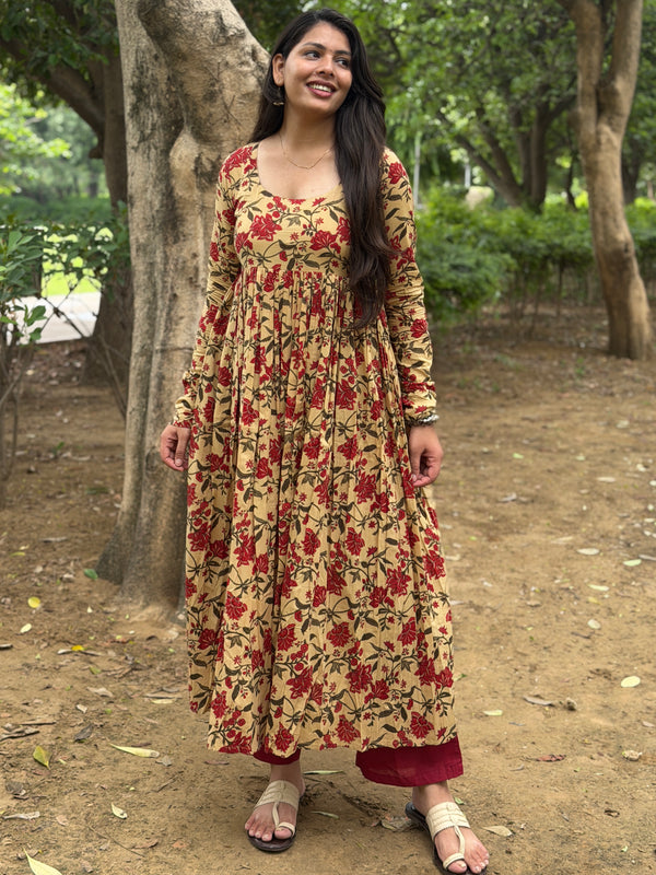 Beige Red garden kameez