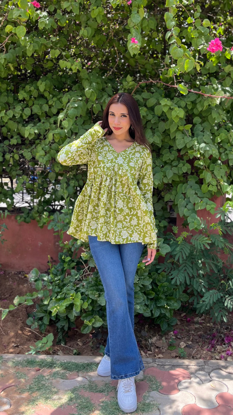 Floral green full sleeves Peplum top - Jonaya