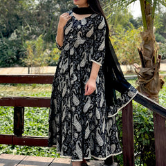 Flory black grey paisley lace Anarkali suit set - Jonaya
