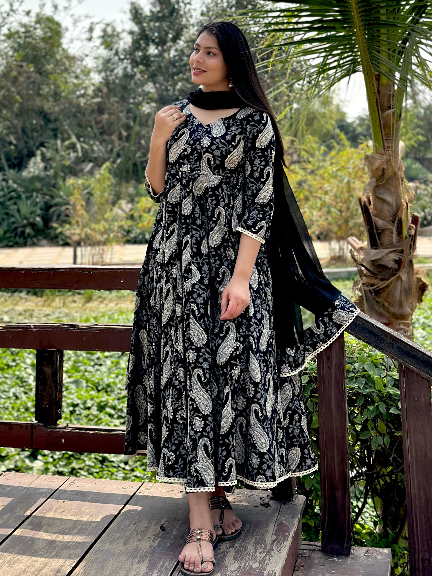 Flory black grey paisley lace Anarkali suit set
