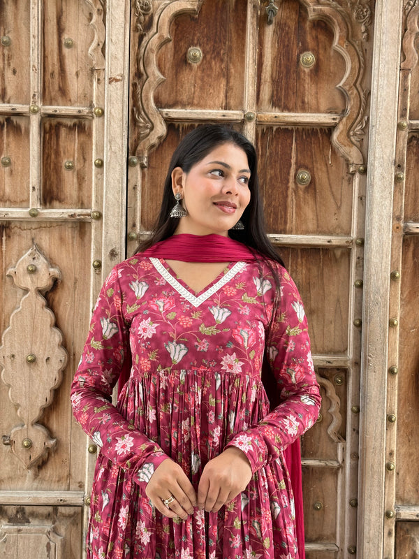 Rosewood Anarkali Lace Flare Suit Set - Jonaya