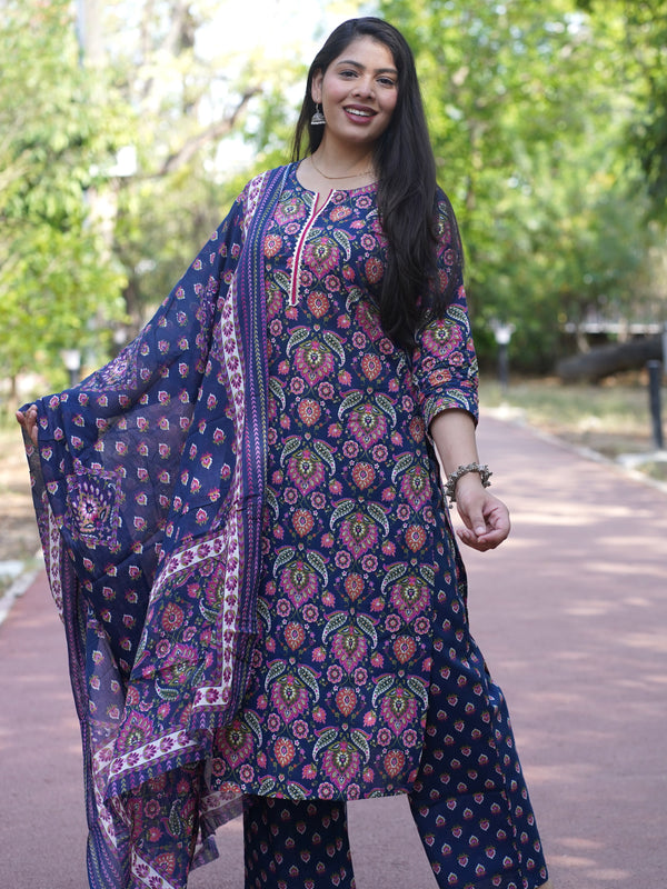 Blue Pink Floral Straight Suit Set - Jonaya