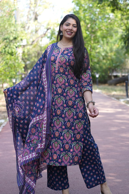 Blue pink floral straight suit set