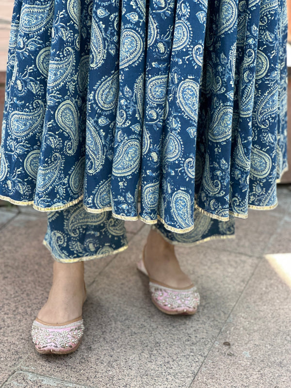 Indigo Paisley Heavy Flair Anarkali Suit Set - Jonaya