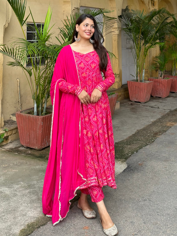 Pink Bandhani Anarkali Suit Set - Jonaya