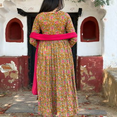 Pink mustard printed flare suit set Jonaya