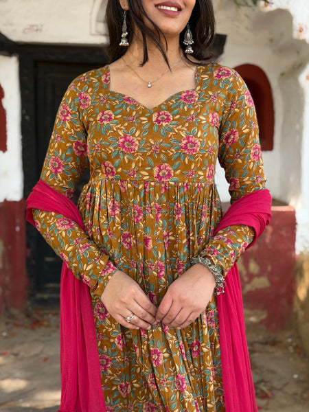 Pink mustard printed flare suit set Jonaya