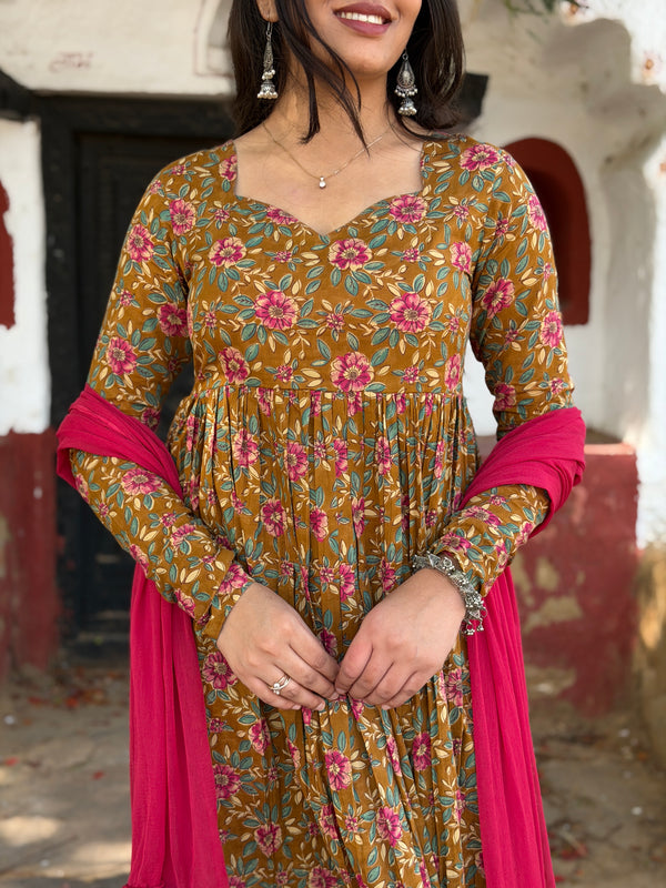 Pink mustard printed flare suit set Jonaya