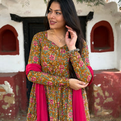 Pink mustard printed flare suit set Jonaya