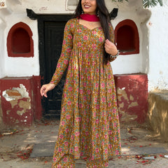 Pink mustard printed flare suit set ethnic wear for women by Jonaya