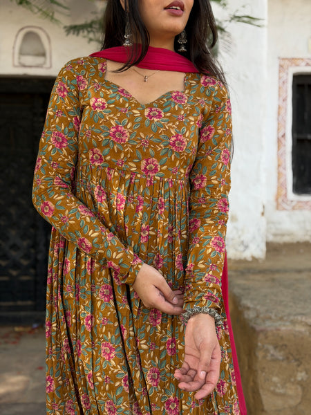Pink mustard printed flare suit set Jonaya