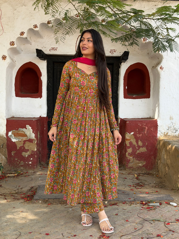 Pink mustard printed flare suit set Jonaya