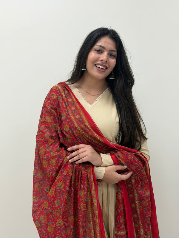 Red beige kalamkari solid flare suit set Jonaya