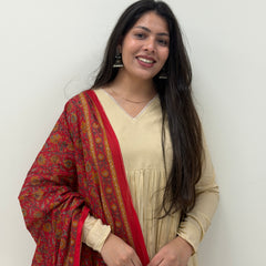 Red beige kalamkari solid flare suit set Jonaya