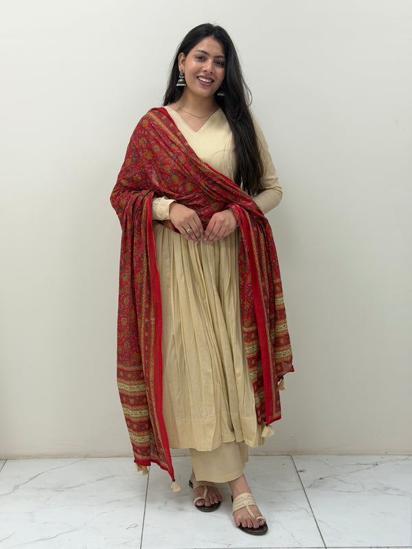 Red beige kalamkari solid flare suit set Jonaya