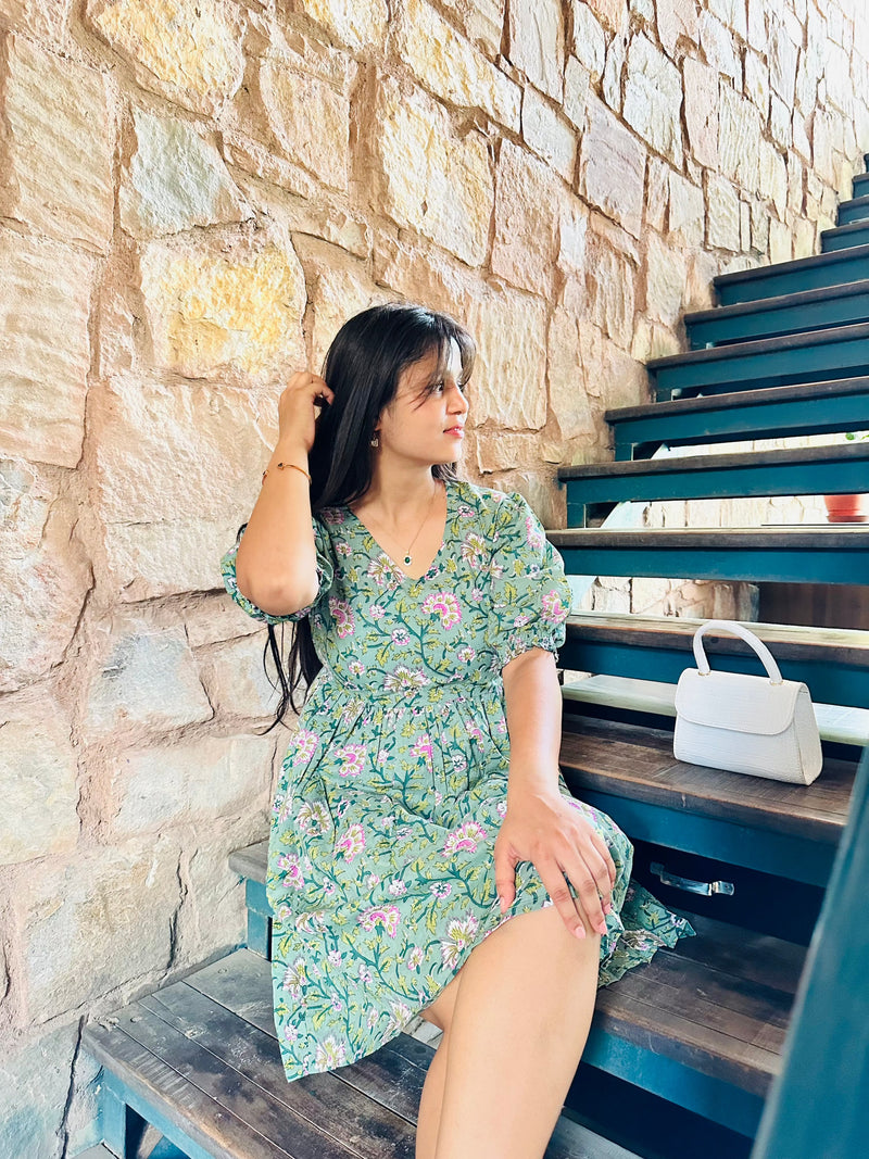 Jonaya Green Floral Print Dress for Women